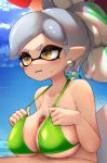  +_+ 1boy 1girl bikini bikini_top breasts censored earrings green_bikini grey_hair highres hotaru_(splatoon) jewelry kashu_(hizake) large_breasts mole mole_under_eye mosaic_censoring paizuri penis ponytail solo_focus splatoon_(series) splatoon_1 swimsuit tentacle_hair upper_body yellow_eyes 