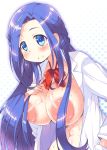  +_+ 1girl areolae blue_eyes blue_hair blush breasts censored hair_censor kanibasami large_areolae large_breasts long_hair mewkledreamy nipples no_bra open_clothes open_shirt pointless_censoring shirt smile solo 