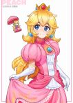  1girl absurdres blonde_hair blue_earrings blue_eyes blush chibi crown dress elbow_gloves eyebrows gloves highres jeomona long_hair mario_(series) pink_dress princess_peach puffy_sleeves sphere_earrings super_smash_bros. umbrella 