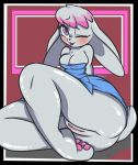  angelface anthro big_breasts blush breasts chest_tuft cleavage clothed clothing dress female genitals grey_body hair hi_res lagomorph leporid looking_at_viewer mammal no_underwear one_eye_closed pink_hair purple_eyes pussy rabbit solo tuft wink 