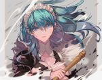  1girl alternate_costume black_dress blood blood_on_face blue_eyes blue_hair breasts byleth_(fire_emblem) byleth_(fire_emblem)_(female) cleavage collarbone debris dress enmaided fire_emblem fire_emblem:_three_houses floating_hair frills gradient gradient_background grey_background holding holding_sword holding_weapon injury juliet_sleeves large_breasts long_hair long_sleeves maid maid_headdress parted_lips peach_luo pink_lips puffy_sleeves serious solo sword torn_clothes torn_dress upper_body weapon 
