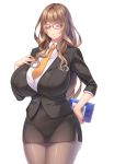  1girl :o arm_behind_back bangs black_jacket black_legwear black_skirt blush boku_no_kanojo_wa_ecchi_na_sensei book breasts closed closed_mouth collared_shirt dress_shirt eyebrows_visible_through_hair eyes formal glasses hand_on_hip hand_on_own_chest hayama_kazusa holding holding_book huge_breasts jacket long_hair miniskirt official_art orange_neckwear pantyhose pencil_skirt pink_nails pout red-framed_eyewear shirt sidelocks skirt skirt_suit standing suit teacher white_shirt 