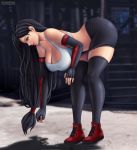  1girl ass bare_shoulders bent_over black_hair black_legwear black_skirt boots breasts brown_eyes cleavage coin collarbone commentary elbow_gloves final_fantasy flowerxl gloves huge_breasts long_hair parted_lips red_footwear shirt skirt solo tank_top thick_thighs thighhighs thighs tifa_lockhart very_long_hair white_shirt 