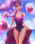  1girl ball bangs blue_sky blurry blurry_background breasts breasts_apart hat highres horns league_of_legends long_hair looking_at_viewer mcdobo medium_breasts one-piece_swimsuit ponytail pool_party_(league_of_legends) purple_eyes sky smile solo standing swimsuit syndra tattoo volleyball 