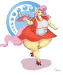  2020 absurd_res anthro apron belly big_breasts blue_eyes breasts carhop cleavage clothed clothing colored dress equid equine female fluttershy_(mlp) friendship_is_magic hi_res huge_hips huge_thighs looking_at_viewer mammal my_little_pony obese obese_female overweight overweight_female quad_skates rollerskates solo thelunarmoon thick_thighs tongue tongue_out waiter wide_hips 