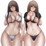  2girls black_hair black_lingerie black_shirt breasts brown_eyes brown_hair couple everyone eyewear_on_head gesture glasses hand_grab highres kkktakeda large_breasts lingerie lips long_hair multiple_girls open_clothes open_shirt original shirt smile thick_thighs thighs underwear white_background white_lingerie white_shirt 