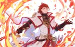  1boy belt black_gloves cape fire gloves granblue_fantasy holding holding_sword holding_weapon male_focus percival_(granblue_fantasy) petals red_eyes red_hair smile solo sumeshi_(ginshari40) sword twitter_username weapon white_background white_cape 