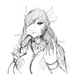  1:1 anthro beckoning big_breasts bovid bovine breasts cattle cleavage clothed clothing ear_piercing female gesture glass hi_res hladilnik jewelry long_tongue mammal monochrome necklace piercing sketch solo suggestive tongue tongue_out 
