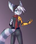  anthro blue_eyes clothed clothing deadfox97 ear_piercing eyewear female genitals goggles goggles_on_head hi_res lombax looking_at_viewer mammal neckerchief piercing prosthetic prosthetic_arm prosthetic_limb ratchet_and_clank rift_apart_lombax simple_background solo stripes video_games 
