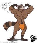  abs anthro belly_tuft biceps big_biceps big_bulge big_muscles big_quads brown_body brown_fur bulge clothed clothing dialogue flaccid flexing fur genitals goldeyboi guardians_of_the_galaxy hi_res male mammal marvel muscular navel navel_tuft nipples obliques orange_clothing orange_underwear pecs penis pink_nipples procyonid quads raccoon red_eyes rocket_raccoon signature simple_background smile smirk solo thick_thighs topless topless_male tuft underwear white_background 