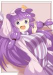  1girl absurdres arm_up bangs blunt_bangs breasts commentary_request covered_navel crescent crescent_moon_pin eyebrows_visible_through_hair hair_ornament hat highres koujouchou large_breasts long_hair looking_at_viewer mob_cap open_mouth patchouli_knowledge purple_eyes purple_hair shadow simple_background smile solo striped tied_hair touhou wide_sleeves 