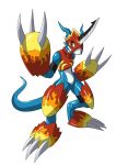  2016 after_transformation alpha_channel anthro armor blue_body claws digimon digimon_(species) flamedramon horn male markings midorimushig red_eyes reptile scalie simple_background smile solo transparent_background white_body yellow_markings 