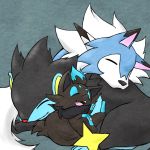  1:1 2020 439_(artist) black_body black_fur black_inner_ear black_nose blue_body blue_fur blue_markings canid canine fangs felid feral fur luxray lycanroc mammal markings midday_lycanroc nintendo open_mouth pawpads pink_inner_ear pink_pawpads pok&eacute;mon pok&eacute;mon_(species) red_nose shiny_pok&eacute;mon sleeping smile spikes tuft video_games white_body white_fur yellow_inner_ear zorua 