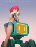  1girl android antenna_hair ass back bangs beige_background bikini bikini_top blue_background commentary cup denim denim_shorts from_behind green_eyes highres holding holding_cup looking_at_viewer looking_back open_mouth original pink_hair robot short_hair short_shorts shorts simple_background smile solo swimsuit upper_teeth wang_xiao_jun yellow_bikini 