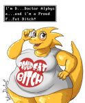  alphys anthro belly big_breasts blush bottomless breasts brown_eyes buckteeth claws clothed clothing dialogue dialogue_box english_text eyewear female glasses hand_on_hip holding_glasses huge_thighs non-mammal_breasts obese obese_female open_mouth open_smile overweight overweight_female profanity professordoctorc reptile scales scalie shirt signature simple_background smile solo standing stuttering teeth text thick_tail thick_thighs tight_clothing tight_shirt tight_topwear topwear undertale video_games wide_hips yellow_body yellow_scales 