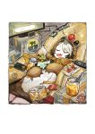  1girl animal_costume apple arknights bangs bean_bag bear_costume beehunter_(arknights) border bottle box brown_hair cellphone checkered chinese_commentary chips closed_eyes commentary controller drooling fangs food fruit highres honey indoors jar lying messy_room multicolored_hair nintendo_switch on_back open_mouth parted_bangs phone pipidan pocky potato_chips remote_control rhine_lab_logo saliva short_hair silver_hair sleeping smartphone solo traditional_media two-tone_hair 