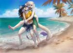  2020 4_toes 5_fingers anthro beach clothed clothing day detailed_background digital_media_(artwork) domestic_cat duo felid feline felis female fingers fur green_eyes hair mammal open_mouth outside sand seaside shoreline sky smile teeth toes tongue water white_body white_fur white_hair wolnir 