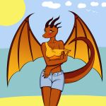 1:1 anthro beach breasts complexity confusion dragon embarrassed female hi_res maximumabc nipple_outline off_shoulder seaside solo summer weekend 