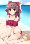  1girl bangs beach bikini blush bow brown_eyes brown_hair detached_sleeves frilled_bow frills hair_bow hair_ornament hair_tubes hakurei_reimu high_heels highres long_hair navel ocean outdoors red_bikini red_bow side-tie_bikini sidelocks solo stigma1101 swimsuit touhou 