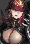  1girl armor breasts cleavage closed_eyes earrings english_text face gauntlets grey_background hair_over_eyes holding jewelry large_breasts long_hair ookuma_(nitroplus) open_mouth original pink_lips red_hair simple_background single_earring smile solo upper_body 