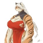  1:1 absurd_res anthro asian_clothing big_breasts breasts chest_tuft chinese_clothing chinese_dress clothing dress east_asian_clothing felid female hi_res mammal muscular muscular_female nakamula pantherine simple_background solo tiger tuft white_background wide_hips 