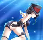  1girl adjusting_clothes adjusting_swimsuit ass asymmetrical_hair bangs black_gloves black_hair blue_swimsuit brown_eyes bubble framed_breasts from_behind gloves hair_between_eyes hat headphones highres i-13_(kantai_collection) kantai_collection looking_at_viewer looking_back one-piece_swimsuit partly_fingerless_gloves sailor_collar school_swimsuit short_hair single_glove solo swimsuit tk8d32 underwater 