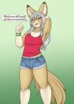  anthro blue_bottomwear blue_clothing blue_shorts bottomwear bulge clothed clothing domestic_cat english_text eyes_closed felid feline felis fully_clothed fur girly grey_hair hair hi_res male mammal neronova red_clothing shorts sleeveless_shirt solo tan_body tan_fur tan_tail text tongue 