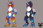  2019 armor battougasharin black_body black_claws black_fur black_nose blue_body blue_fur canid canine claws clothing cosplay digimon digimon_(species) duo fingers flamedramon fur gaomon hi_res male mammal markings red_eyes red_markings signature tuft white_body white_fur yellow_eyes yellow_markings 