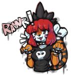  2019 anthro black_nose breasts clothing collar dialogue english_text facial_markings fangs felid female hair head_markings hi_res mammal markings pantherine red_hair shirt simple_background smile solo spiked_collar spikes text tiger topwear waffl3sk4t white_background 