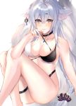  1girl absurdres animal_ears azur_lane bangs bare_arms bare_legs bare_shoulders bikini black_bikini black_choker blush breasts choker commentary criss-cross_halter eyebrows_visible_through_hair feet_out_of_frame fox_ears hair_between_eyes halterneck hand_up highres large_breasts long_hair looking_at_viewer maigo_inu multicolored multicolored_bikini multicolored_clothes purple_eyes silver_hair simple_background sitting solo swimsuit thick_eyebrows thigh_strap thighs tosa_(azur_lane) very_long_hair white_background white_bikini 