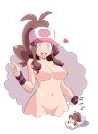  1girl :d antenna_hair areolae baseball_cap blush breasts brown_hair clenched_hand collarbone commentary dreaming english_commentary eyelashes hat head_on_pillow heart high_ponytail large_breasts long_hair navel nipples nude open_mouth pink_heart poke_ball_print pokemon pokemon_(game) pokemon_bw purple_eyes sidelocks sleeping smile symbol-shaped_pupils teeth thought_bubble tongue touko_(pokemon) two-tone_headwear upper_teeth waifuserena7u7 white_background wristband zzz 
