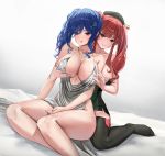  2girls absurdres areola_slip areolae azur_lane backless_dress backless_outfit bangs bare_shoulders bed_sheet black_legwear blue_hair blue_nails breast_lift breasts cleavage collarbone dress evening_gown eyebrows_visible_through_hair grey_dress hair_between_eyes hair_ornament hairclip halter_dress hat highres indoors italian_flag jewelry large_breasts multiple_girls nail_polish necklace nipple_tweak nonekong orange_eyes parted_lips plunging_neckline purple_eyes red_hair revealing_clothes short_dress side_ponytail sidelocks silver_dress sitting smile st._louis_(azur_lane) st._louis_(luxurious_wheels)_(azur_lane) strapless strapless_dress thighs twintails yuri zara_(azur_lane) 