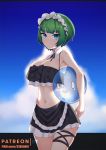  1girl ball bangs beachball blue_eyes braid breasts clip_studio_paint_(medium) cloud crown_braid day ett01024 green_hair large_breasts last_origin looking_at_viewer maid maid_headdress navel outdoors short_hair sky solo swimsuit vanilla_a1 