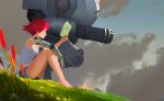  1girl absurdres android bare_legs barefoot book breasts cloud commentary day denim denim_shorts from_side grass green_eyes gun highres holding holding_book medium_breasts original outdoors plant red_hair robot shirt short_hair short_shorts shorts sitting solo wang_xiao_jun weapon white_shirt 