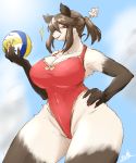  2019 absurd_res anthro ball big_breasts breasts chest_tuft cleavage clothed clothing female hand_on_hip hi_res mammal nakamula one-piece_swimsuit solo swimwear tuft wide_hips 