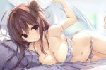  1girl ahoge arm_up bare_arms bare_shoulders bikini blanket breasts brown_eyes brown_hair cleavage collarbone frilled_bikini frills groin hair_bun karory large_breasts long_hair looking_at_viewer lying navel original pillow side_bun solo stomach strap_slip string_bikini swimsuit thighs white_bikini 