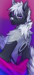  2020 angiewolf anthro black_body black_fur canid canine digital_media_(artwork) fur hair male mammal purple_eyes solo white_hair white_nose 