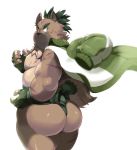 anthro asian_clothing blush butt canid canine canis clothing domestic_dog east_asian_clothing fundoshi hair hi_res jacket japanese_clothing looking_at_viewer looking_back male mammal musclegut nawadarake pecs ponytail scar solo tokyo_afterschool_summoners topwear underwear video_games yasuyori 