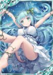  1girl akkijin anklet ass blue_hair bracelet breasts dress gaia_(shinkai_no_valkyrie) galaxy green_eyes hair_ornament happy jewelry large_breasts leaf long_hair official_art shinkai_no_valkyrie smile solo water_drop white_dress 