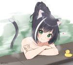  1girl alternate_hairstyle animal_ear_fluff animal_ears anz32 bangs black_hair blush cat_ears cat_girl cat_tail closed_mouth collarbone commentary crossed_arms eighth_note eyebrows_visible_through_hair green_eyes karyl_(princess_connect!) looking_at_viewer multicolored_hair musical_note nude onsen partially_submerged princess_connect! princess_connect!_re:dive rubber_duck smile solo steam streaked_hair tail tail_raised twitter_username upper_body water white_hair 
