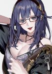  1girl black_hair blue_eyes breasts cleavage ear_piercing glasses granblue_fantasy hairband hand_behind_head highres illnott jewelry pendant piercing rilmok tongue tongue_out 