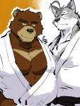  2020 3:4 anthro belly brown_body brown_fur canid canine canis clothed clothing duo fur hi_res juuichi_mikazuki kemono male mammal moobs morenatsu overweight overweight_male scar shirako ten_kodori ursid video_games visual_novel wolf 