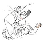  anthro blush crossed_legs cuddling duo eyes_closed felid female glacierclear holding_another human larger_female male male/female mammal nuzzling pantherine pawpads purring size_difference smaller_human smaller_male smile tiger 