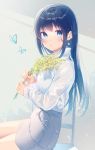  1girl bangs black_hair blue_butterfly blue_eyes bug butterfly chair earrings flower gyozanuko highres holding holding_flower insect jewelry long_hair long_sleeves neck_ribbon original pencil_skirt ribbon shirt sidelocks sitting skirt solo white_shirt 