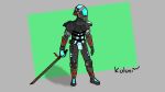  16:9 2020 armor clothed clothing cyber digital_drawing_(artwork) digital_media_(artwork) fingers futuristic futuristic_armor futuristic_suit futuristic_theme headgear helmet hi_res holding_object holding_weapon human koloni male mammal melee_weapon not_furry photobashing science_fiction signature simple_background solo sword weapon widescreen 