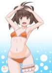  1girl antenna_hair arms_up bikini blue_background breasts brown_eyes brown_hair collarbone double_bun gradient gradient_background highres kantai_collection leg_garter looking_at_viewer naka_(kantai_collection) orange_bikini small_breasts solo standing swimsuit t2r white_background 