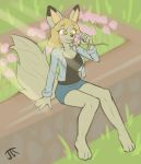  2018 anthro barefoot black_nose blonde_hair bottomwear canid canine canis clothing dipstick_ears female flower fur grass hair hi_res mammal multicolored_ears nanaba_(waffl3sk4t) plant shirt sitting skirt smile solo tan_body tan_fur tongue tongue_out topwear waffl3sk4t wolf yellow_eyes 