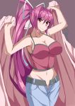  1girl arms_up bare_shoulders breasts camisole capri_pants cleavage hair_intakes highres large_breasts long_hair navel olly_(ollycrescent) open_fly painttool_sai_(medium) pants photoshop_(medium) ponytail purple_hair red_camisole red_eyes solo under_night_in-birth very_long_hair yuzuriha_(under_night_in-birth) 