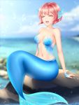  1girl :d ^_^ artist_name bangs bare_shoulders blurry blurry_background blush breasts cleavage closed_eyes commentary commentary_request day depth_of_field doki_doki_literature_club eighth_note english_commentary gigamessy head_fins medium_breasts mermaid monster_girl monsterification music musical_note navel ocean open_mouth outdoors rock sayori_(doki_doki_literature_club) scales short_hair singing sitting smile solo stomach 
