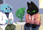  anthro black_body black_fur blue_body blue_fur bodily_fluids canid canine canis cartoon_network clothing crying domestic_cat domestic_dog duo felid feline felis fur green_eyes hi_res hoodie male mammal mao_mao:_heroes_of_pure_heart ol&#039;_blue sheriff_mao_mao_mao tears therapist therapy topwear vetiver_n 